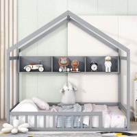 Harper Orchard Clematine House Bed with Storage Shelf,Kids Bed with Fence and Roof