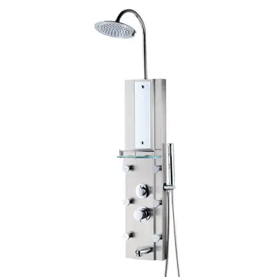 Wall-Mounted Shower Column with Round or Square Shower Head, Mirror, and Integrated Shelf 14.5x49.5 In H      JBQ