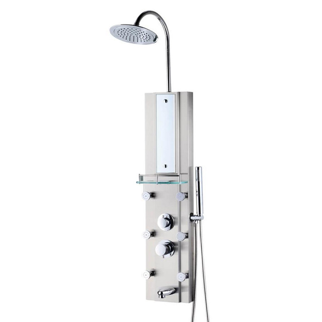 Wall-Mounted Shower Column with Round or Square Shower Head, Mirror, and Integrated Shelf 14.5x49.5 In H      JBQ in Plumbing, Sinks, Toilets & Showers