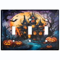 WorldAcc Metal Light Switch Plate Outlet Cover (Halloween Spooky Pumpkin Manor - Triple Toggle)