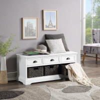 Ivy Bronx Wood Storage Bench With 3 Drawers And 3 Woven Baskets