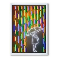 East Urban Home Girl in Neon Rainbow Raindrops - Picture Frame Print on Canvas