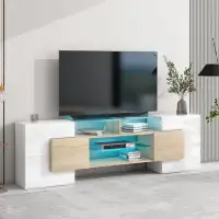 Ivy Bronx Unique Shape TV Stand With 2 Illuminated Glass Shelves, High Gloss Entertainment Centre For Tvs Up To 88", Ver
