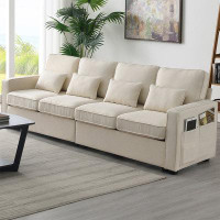 Latitude Run® 104 In. W Square Arm Linen Upholstered Rectangle Sofa In Light Grey With Armrest Storage Pockets And 4-pil