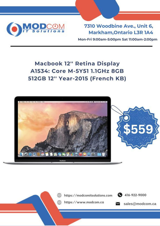 Apple Macbook 12-Inch Retina Display Year-2015 Laptop OFF Lease For Sale - Core M-5Y51 1.1GHz 8GB 512GB  (French KB) in Laptops