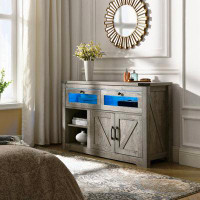 Wrought Studio Modern TV Stand built-in with adjustable laminate and LED lights, 2 drawers and a barn door