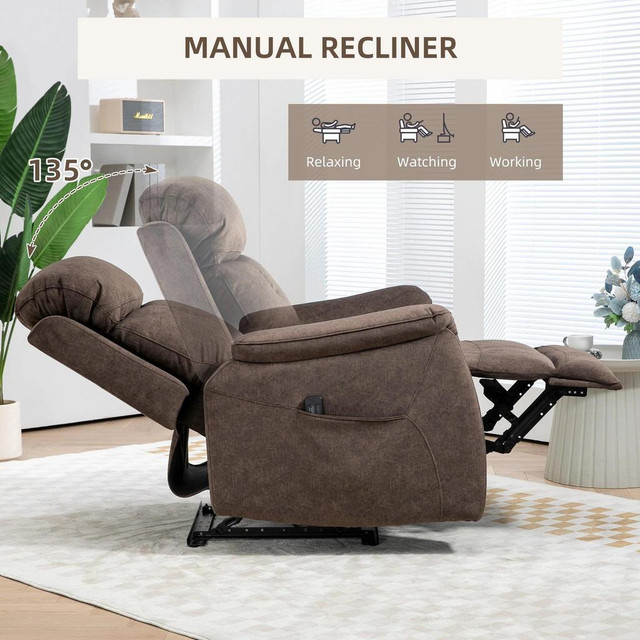 MANUAL RECLINER CHAIR WITH VIBRATION MASSAGE, RECLINING CHAIR FOR LIVING ROOM WITH SIDE POCKETS, BROWN in Chairs & Recliners - Image 4