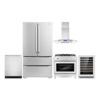 Cosmo Cosmo 5 Piece Kitchen Package With 36" Freestanding Gas Range 36" Island Range Hood 24" Built-in Fully Integrated