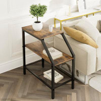 17 Stories End Table 3 Tiers Shelf Rustic Brown Wood Industrial Accent Decorative Sofa Side Table Modern Trapezoid Accen
