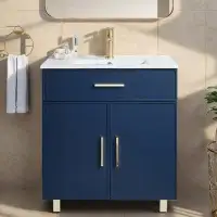 Ebern Designs Garren 30‘’ Blue Modern Freestanding Single Bathroom Vanity with Ceramic Vanity Top