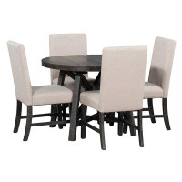 Gracie Oaks Trexm 5-piece Retro Dining Set With Extendable Round Table, Removable Middle Leaf, And 4 Upholstered Chairs