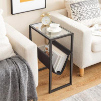 Ebern Designs Narrow Side Table, Tempered Glass End Table With Fabric Magazine Sling, Small Coffee Accent Table, Bedside