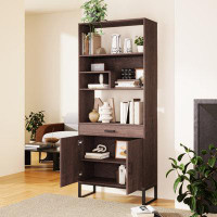 Latitude Run® 75.9"modern Open Bookshelf With Doors, Bookcase With Storage Drawer And Led Strip Lights,free Standing Dis