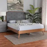 Latitude Run® Baxton Studio Lorana Mid-Century Modern Grey Fabric And Walnut Brown Wood Queen Size Platform Bed