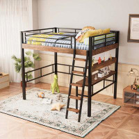 17 Stories Metal Full Size Loft Bed with Built-in Desk, Storage Shelf and Ladder, Black