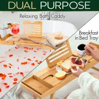 Rebrilliant Bath Caddy Breakfast Tray Combo - Natural Bamboo Wood Waterproof Tub And Bed With Folding Slide