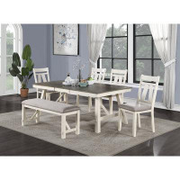 Gracie Oaks Dining Table White Finish Table w Grey Wooden Top 1pc Rectangular Table with Leaf