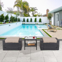 Wildon Home® Grey Rattan Wicker Patio Set With Ottoman, Footstools & Coffee Table For Garden