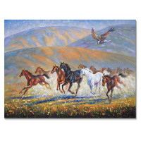 East Urban Home A Large Eagle Over The Running Herd Of Horses - Traditional Canvas Wall Art Print