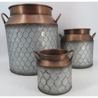 Rosalind Wheeler Set Of 3 Silver Fence Pattern With Copper Coloured Tops And Handles Planters