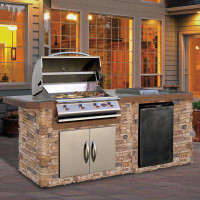Cal Flame 7 Ft. Stone Veneer Grill Island With Tile Top And 4-Burner Gas Grill In Stainless Steel