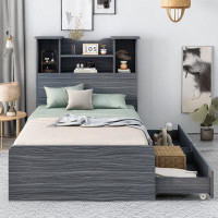 Latitude Run® Twin Size Led Wood Platform Bed With 4 Open Shelves And 2 Drawers