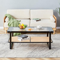 Bayou Breeze Modern Minimalist Rectangular Double Layer Solid Wood Imitation Rattan Coffee Table With A Chinese Style Si