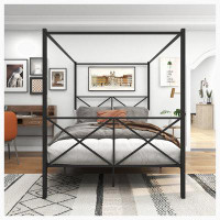 Gracie Oaks Metal CaNopy Bed Frame, Platform Bed Frame Queen with X Shaped Frame