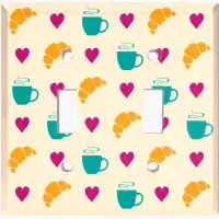 WorldAcc Metal Light Switch Plate Outlet Cover (Coffee Cups Croissant Heart Cream - Double Toggle)