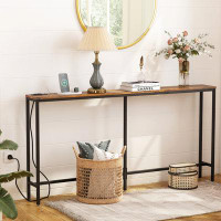 Hokku Designs Shar 63" Narrow and Skinny Console Table with Charging Station for Entryway, Hallway, and Living Room