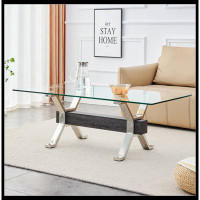 Ivy Bronx Tea Table.Dining Table.Contemporary Tempered Glass Coffee Table With Plating Metal Legs And MDF Crossbar