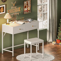 Latitude Run® White Desk With 2 Drawers, Modern Makeup Vanity Desk With Padded Stool, Small Computer Desk Home Office De