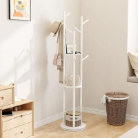 Anadea Coat Rack Freestanding, Rotary Wood Coat Rack Stand With 3 Storage Shelves And 9 Hooks, Sturdy And Easy Assembly