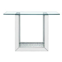 Everly Quinn 46 Inches Glass Top Console Table With Mirrored Sled Base, Silver