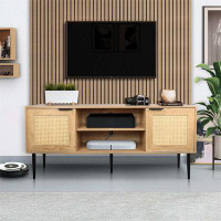 Ebern Designs TV Stand For Tvs Up To 65 Inches, Entertainment Centers With 2 Rattan Decorated Doors And 2 Open Shelves-1