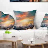 East Urban Home Pier Seascape Fascinating Sky and Wooden Bridge Pillow