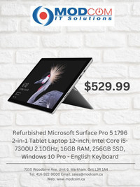 Microsoft Surface Pro 5 1796 2-in-1 Tablet Laptop 12 Intel Core i5-7300U 2.10GHz, 16GB RAM, 256GB SSD, Windows 10 Pro