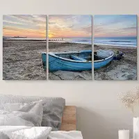 IDEA4WALL IDEA4WALL - 3 Piece Canvas Wall Art - Turquoise Blue Fishing Boat At Sunrise On Bournemouth Beach With Pier In