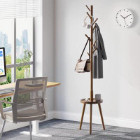 Latitude Run® Wooden Coat Rack With Shelf & 8 Hooks - Multi-Functional Free Standing Hall Tree