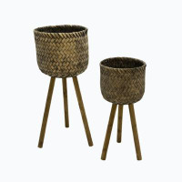 Bay Isle Home™ Basket Shape Bamboo Planters On Flared Wooden Stand, Rustic Brown, Set Of Two