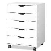 Ebern Designs 5-Drawer Chest Wood Storage Dresser Cabinet Mobile Side Cabinet Chest For Home Office,White