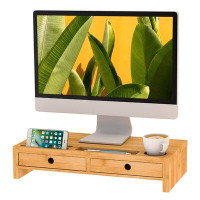 Inbox Zero Computer Monitor Stand With Drawers - Wood TV Screen Printer Riser 22.05L 10.60W 4.70H Inch, Desk Organizer I