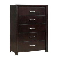 Winston Porter Contemporary Faux Wood Veneer Chest Of 5 Dovetail Drawers, Silver Tone Bar Pulls,espresso Finish