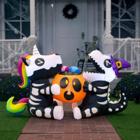 The Holiday Aisle® 6 Ft Long Halloween Inflatable Sitting Skeleton Unicorn And Dinosaur Hold Pumpkin, Blow Up Inflatable
