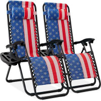 Anadea of 2 Adjustable Steel Mesh Zero Gravity Lounge Chair Recliners w/Pillows and Cup Holder Trays