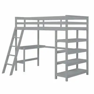 Harriet Bee Solid Wood Loft Bed With Shelves And Built-In Desk