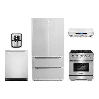 Cosmo 5 Piece Kitchen Package with 30" Freestanding Gas Range  30" Under Cabinet Range Hood 24" Built-in Fully Integrate in Refrigerators