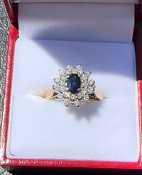 #289 - Sapphire &amp; Diamond, 14k yellow gold ladies ring, size 6 3/4