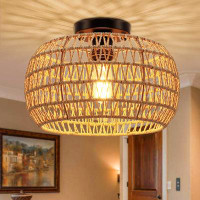 Bay Isle Home™ Semi Flush Mount Ceiling Light, Hand-woven Rattan Lamp Shade Boho Light Fixtures, Handmade Woven Coastal