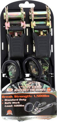 CAMO 1 X 15 Foot RATCHET TIE DOWNS - 2 PACK - Load capacity of 500 lbs and break strength of 1,500 lbs!